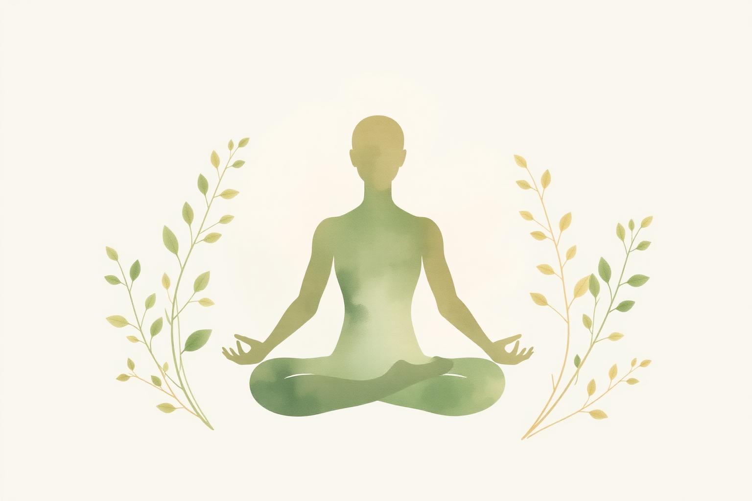 Silhouette en méditation entourée de feuillages — symbole d'harmonie biologique